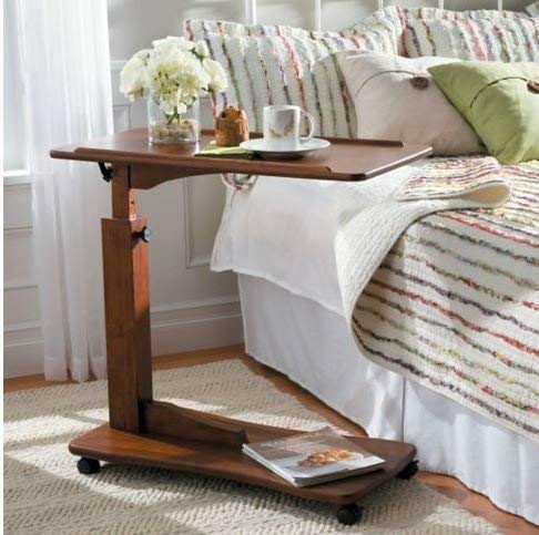 Adjustable Bedside Table With Wheels - Made of Wood - Walnut
