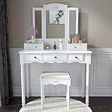 Vanity Stool Set,Make Up Table with 5 Drawers,Tri-Folding 3 Mirrors,Cushioned Stool Easy Assemble White
