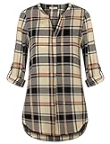 Timeson Blouse Top For Work, Womens V-Neck Tunic Shirt For Leggings Plaid Roll-Up Cuffed Sleeve Casual Blouse Tunic Button Down Shirt(Black Beige,Large)