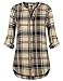 Timeson Blouse Top For Work, Womens V-Neck Tunic Shirt For Leggings Plaid Roll-Up Cuffed Sleeve Casual Blouse Tunic Button Down Shirt(Black Beige,Large)