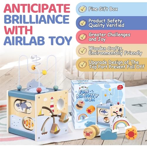 AM ANNA Wooden Activity Cube for Toddlers 1-3, in 1 Ocean Animal Shape Sorter Bead Maze Montessori Toys Baby 6-12 Months,Baby Activity Cube 1-3 Boys Girls Baby Sensory Interactive Birthday Gift
