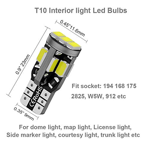12v T10 194 Led Bulbs, 168 Led Bulbs, Bright 6500K 11SMD 5630 Chipset 2825 W5W Interior Light Led Bulbs for Vehicle Car Truck Dome Light Map Light Door Courtesy Light License Plate Light, Pack of 10
