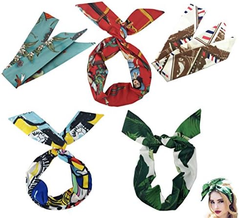 Boho Headband for Women Wire Wrap Floral Elastic Bunny Ears Adjustable Cute Fashion Hair Bands Tropical Hot Weather Summer Beach Holiday Vocation Banana Leaf Flower Cacti (Set A 5pcs)