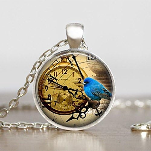 Blue Bird Pendant Steampunk Necklace Round Handmade Jewelry