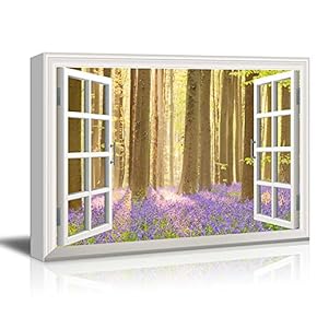 Window View Canvas Wall Art - Trees with Purple Flowers - Giclee Print Gallery Wrap Modern Home Art Ready to Hang - 12x18 inches
