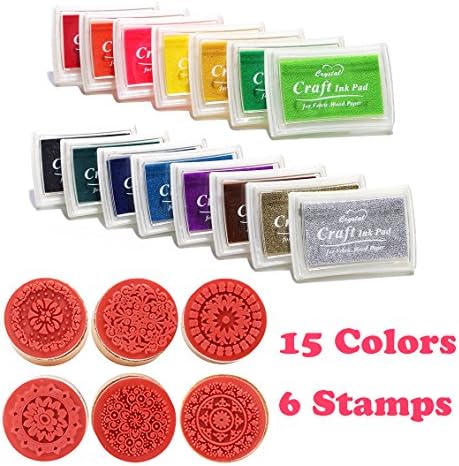 Ink Pad Stamp Set 15 Colors Ink Pad+6pcs Wooden Rubber Round Stamps DIY Scrapbooking and Card Making Decoration-onepalace (flower)