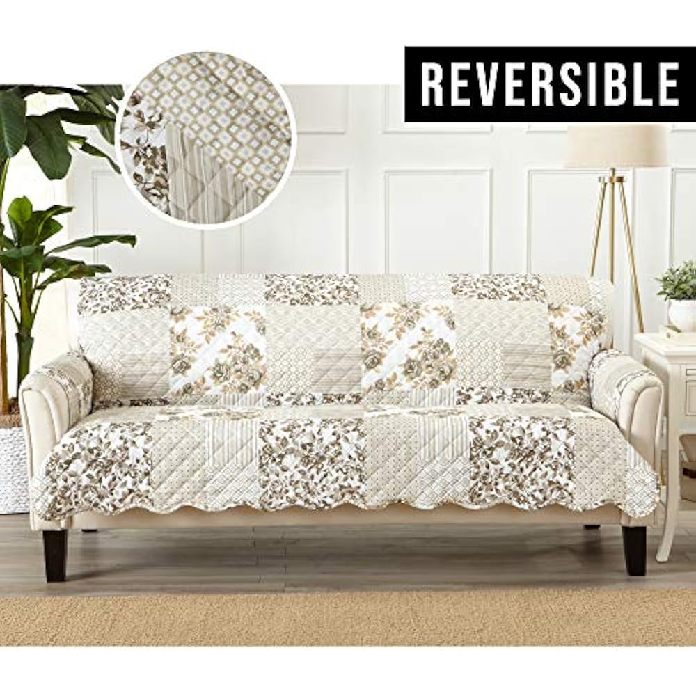 Patchwork Scalloped Printed Furniture Protector. Stain Resistant Couch