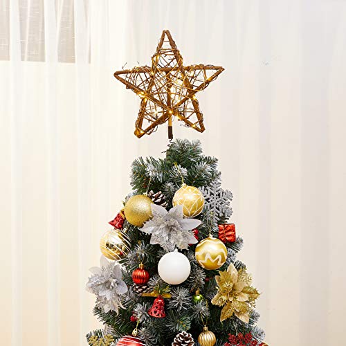 Rattan Christmas Tree Topper with Lights, Prelit Christmas Star