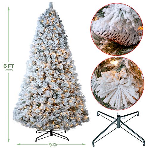 AMERZEST Spruce 6ft PreLit Snow Flocked Christmas Tree,300 Warm Lights