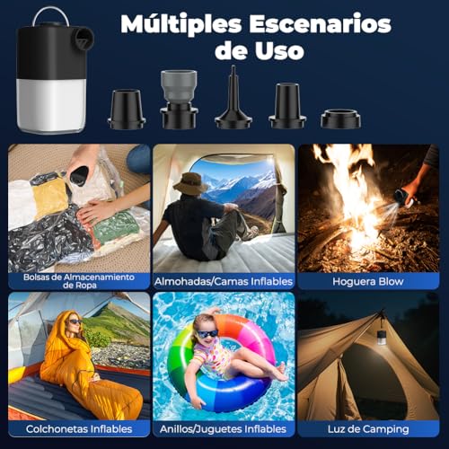 Bomba de Aire Eléctrica Portátil 4000Pa Recargable con Camping Luz, Mini Inflador Electrico Inflables y Desinflables, Pare Camping/Alfombras Inflables/Anillo de Natación