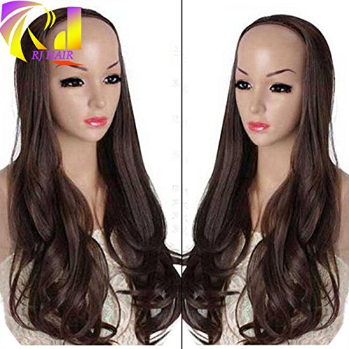 RJ HAIR Virgin Peruvian Human Hair Half Wigs For Black Women 3/4 Human Hair Wig Wavy to Match Bangs None Lace Wig Brown 4# (18inch, Color 4#)