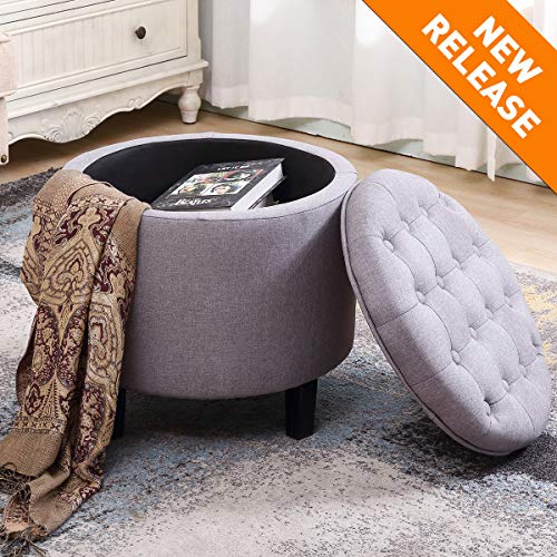 YAMASORO Fabric Cushion Button Lift Top Storage Footstool, Height 18 Inches Strudy Round Ottomans & Storage Ottomans, Gray