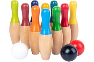 Masyrt Lawn Bowling Games Wooden Backyard Skittles Yard Game Set with 10 Pins 3 Balls and Mesh Bag for Kids Adults Indoor Out