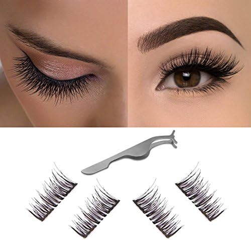 Dual False Magnetic Eyelashes 3D Fiber Reusable Natural Wispy Lashes Fake Eyelash Extensions-Ultra Thin Magnet Handmade Length:12MM 1Pair(4Pieces)+Eyelash Tweezers