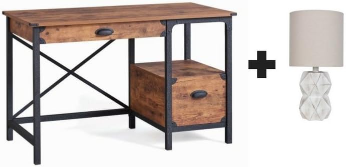Better Homes and Gardens Rustic Country Furniture Desk Weathered Pine Finish With Free White Wash Faceted Faux Wood Table Lamp