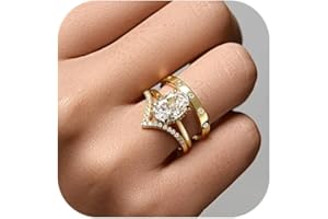 17KM 14K Gold Rings for Women Non Tarnish, Dainty Knuckle Stackable Rings Set Oval V-shaped Cubic Zirconia Rings Perfect for Wedding Promise Engagement Bands Size 5-10