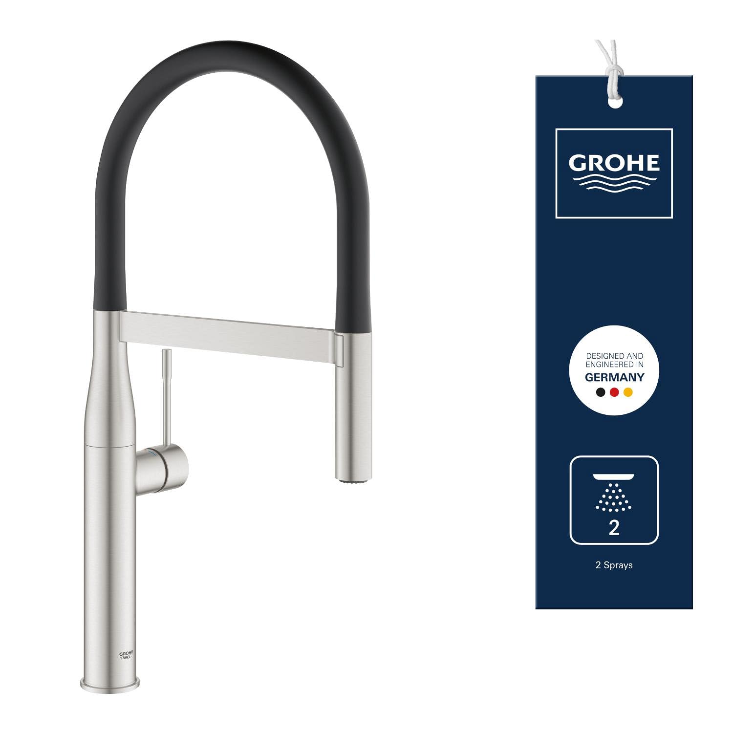 GROHE Essence Professional Kitchen Tap (360° Swivel High Spout, Magnetic Docking, 2 Spray Laminar and Jet, 28 mm Ceramic Cartridge, 3/8 Inch Tails), Supersteel, 30294DC0