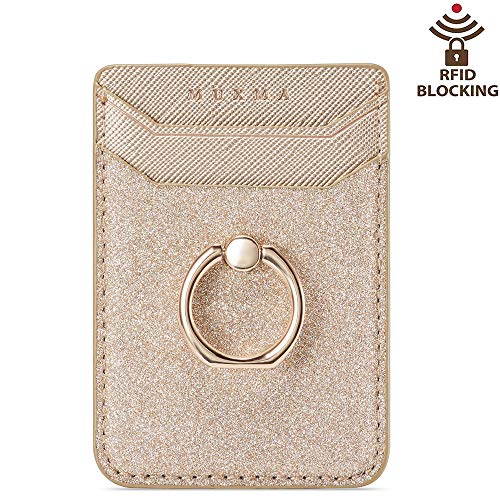 Card Holder for Back of Phone, Acrsikr RFID Blocking Glitter Cell Phone Credit Wallet with Ring Pocket Stick on iPhone