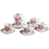 GuangYang 7 oz Porcelain Tea Cups and Saucers Set of 6, Pink Floral Design – Elegant Gift Set for Tea Lovers, Coffee, Cappuccino, Mocha, Weddings, Housewarming & Holidays