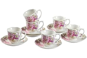 GuangYang 7 oz Porcelain Tea Cups and Saucers Set of 6, Pink Floral Design – Elegant Gift Set for Tea Lovers, Coffee, Cappucc