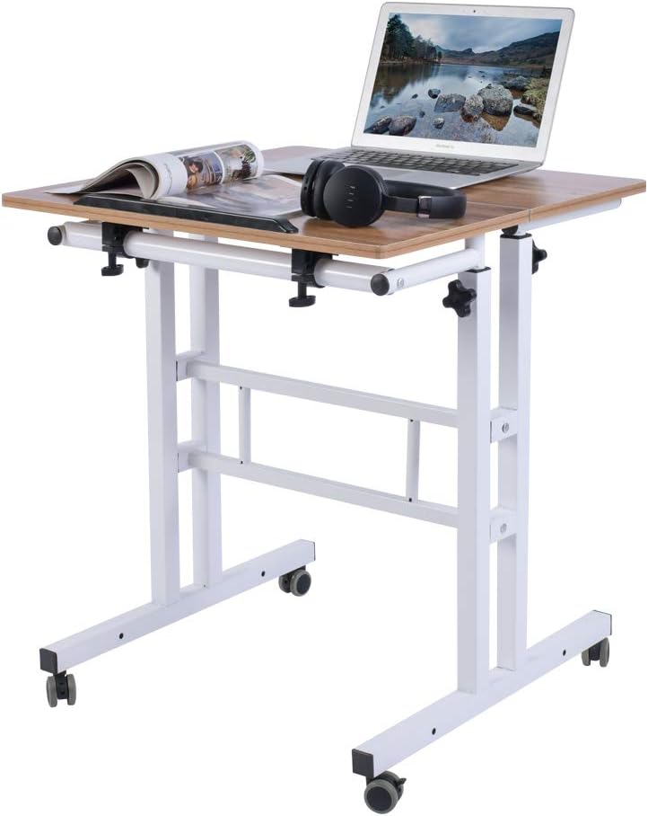 AIZ Mobile Standing Desk, Adjustable Computer Desk Rolling Laptop Cart on Wheels Home Office Computer Workstation, Portable Laptop Stand for Small Spaces Tall Table for Standing or Sitting, Oak: Kitchen & Dining