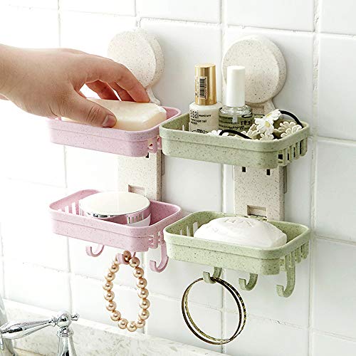 MOVEmen Bathroom Hook Up Shower Soap Box Dish Storage Plate Tray Holder Case Soap Holder Double Wall Shelf Storage Rack Sponges Shelf Kitchen Sink Storage Rack Jewelry Stand (Green) - Thumbnail 5