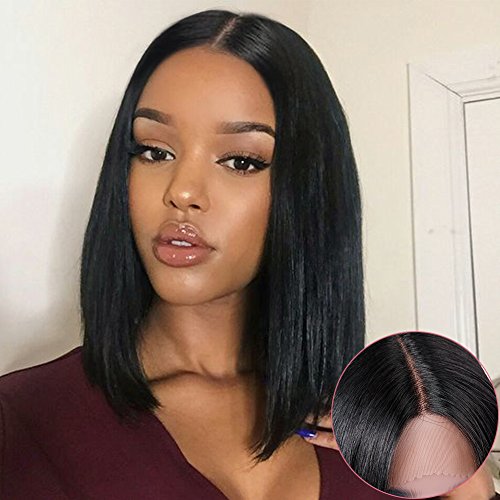 WIGNEE Lace Front Virgin Human Hair Bob Wig Middle Part Silky Straight Glueless Brazilian Human Hair Natural Black Wig (14")