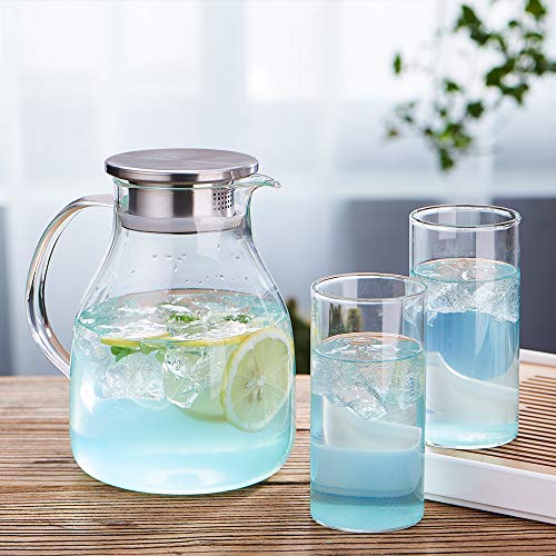 WarmCrystal, Large Glass Cold Teakettle or Teapot, Water Carafe with Handle, Good Beverage Glass Pitcher and Carafe for Tea, Coffee, Lemonade, Cold Water, Ice and Fruit Juice (58 oz)