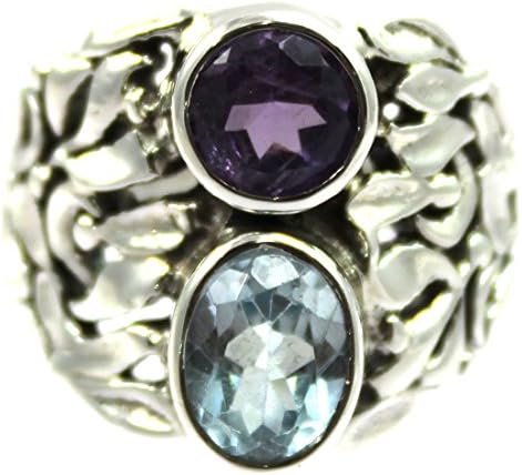 925 Sterling Silver Ring Studded With Amethyst, Blue Topaz, Weight 11.59gm, Head Length 0.78inch, Head Width 0.35inch, Ring Size 9.75