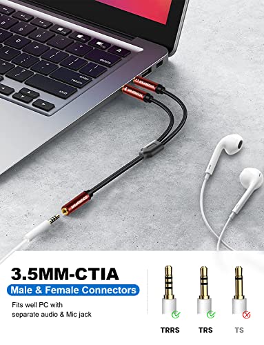 SOUNDFAM 3.5mm Headphone Splitter Cable for Desktop Laptop Standalone Mic and Audio Jack 3.5mm TRRS Female to 2 TRS Male(Microphone & Stereo Audio) Headset Adapter - 30cm/ 11.8 Inch.