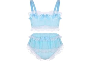 Kaerm 2Pcs Mens Sheer Chiffon Sissy Lingerie Set Ruffled Lace Sleeveless Crop Top with Skirted Petticoated Panties