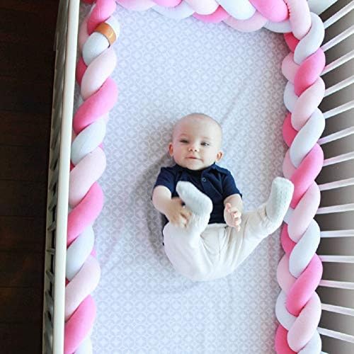 Baby Crib Bumper Plush Nursery Cradle Decor Knotted Braided Junior Bed Sleep Safety Bedside Padded Plush Cushion for Gift(78 Inch/2M, White+Pink+Rose)