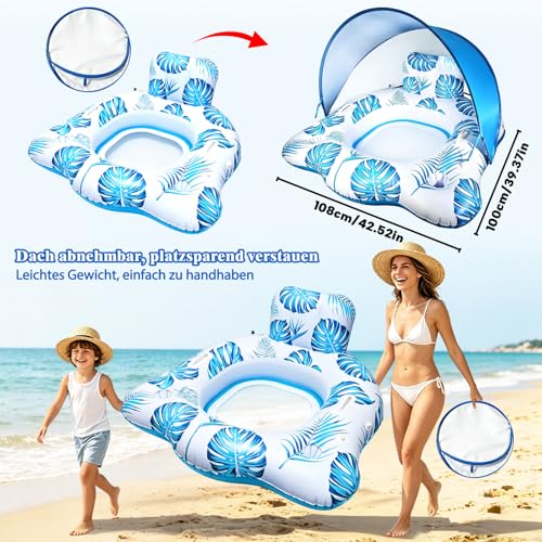 Air Mattress Pool for Adults with Adjustable Sun Canopy (Blue) | Tanning Pool Chair with Drink Holders and Armrest, Lounge Swimming Chair for Summer Party & Beach