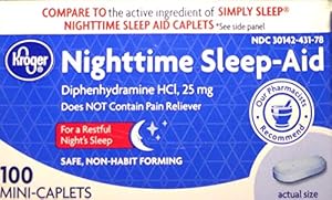 Image of Kroger Nighttime Sleep Aid Pills, 100 mini-caplets, Diphenhydramine HCl 25 mg, Compare to active ingredient of Simply Sleep Nighttime Sleep Aid Caplets