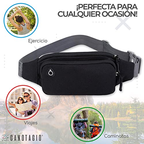 Canotagio Cangurera Deportiva de Viaje. Diseño Amplio para Pasaporte, Efectivo o Tarjetas. Hombre y Mujer. Riñonera Deportiva Compatible con Audifonos. Fanny Pack/Running Belt/Travel Pouch (Negro)