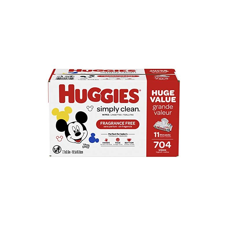 Baby Wipes, Unscented, Huggies Simply Clean Fragrance-Free Baby Diaper Wipes, 11 Flip Lid Packs (704 Wipes Total)