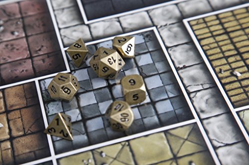 Forged Dice Co. Metal Polyhedral Dice (Set of 7 Polyhedral w/Tin, Ancient Gold w/Black Numbers Set of 7 Polyhedral w/Tin)