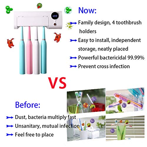 Qhand Toothbrush Holder, Toothbrush Holder Wall Mounted USB Charging, 4 Toothbrush Slots with Dust Cover Toothbrush Holder Bathroom Organizer, for Ladies Men Baby Kids Family Kitchen (White)