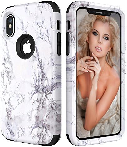 HKW iPhone X Case,iPhone 10 Case,White Marble Design,Hybrid Heavy Duty Shockproof Protective Case with Dual Layer [Hard PC+ Soft Silicone] Impact Protection for Apple iPhone X /10 - Black (MA1946)