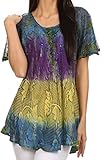 Sakkas 14783 - Dina Relaxed Fit Sequin Tie Dye Embroidery Cap Sleeves Blouse / Top - Navy - OSP