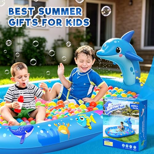 Inflatable Paddling Pool for Kids, Splash Pad for Kids, 3 in 1 Dolphin Pattern Kids Pool Inflatables, Thickened Material with Water Pipe, Backyard Summer Water Toys for Boys and Girls Age 1+