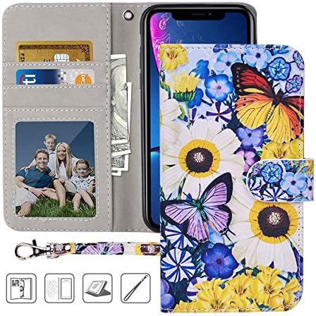 Urbeutyke iPhone XR Wallet Case, iPhone XR Case,Premium PU Leather Flip Folio Case Cover with Wrist Strap, card holder,Cash Pocket,Kickstand for Apple iPhone XR 6.1 inch - Butterfly over Flowers