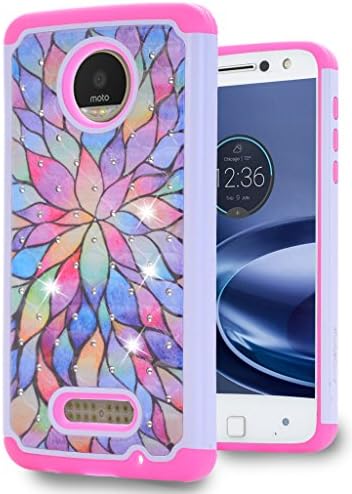 Moto Z / Moto Z Droid Case, [ Fashion ]Crystal Diamond Shock Absorbing Soft Rubber Inner Hybrid Armor Protection Cover [Does Not work with Moto Z Force Edition, Moto Z Play Edition](Bauhinia Flower)