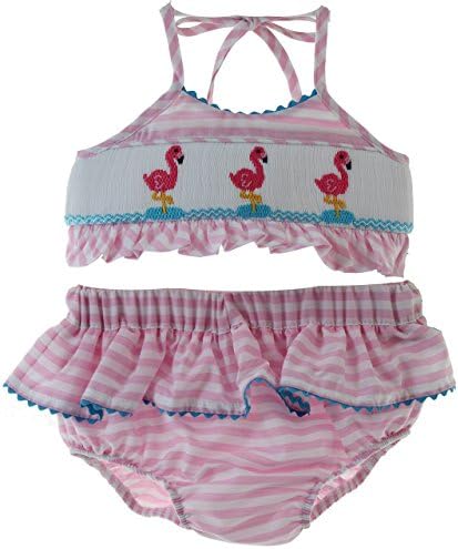 Girls Pink Smocked Gingham Two Piece Swimsuit Flamingos Anavini 24M