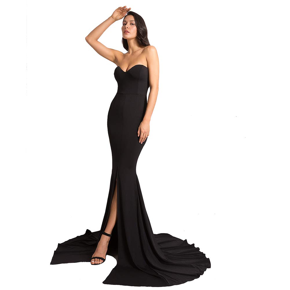 Formal-Strapless-Evening-Dress-Long-Prom-Gown-Front-Split-Full-Length-Wedding-Maxi-Dress-Black