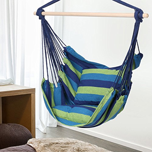 Finehter Hanging Rope Hammock with Pillow Set|Hanging Chair Swing seat for Indoor Outdoor Use|265 lbs Weight Capacity,Blue & Green Stripe,No Fade