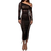 Rizorca Sexy Bodycon Maxi Dress for Women Sheer Long Sleeve Off The Shoulder Party Club Ruched Mesh Dresses