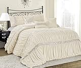 7 Piece CLARAITA Chic Ruched Pleated Comforter Set-Queen King Cal.King Size (Queen, Ivory)