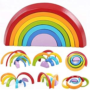 king do way Educational Toy Building Blocks, Wooden Rainbow for Learning, Puzzle Toy Geometry Bricks (Rainbow)