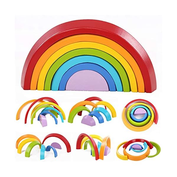 king do way Educational Toy Building Blocks, Wooden Rainbow for Learning, Puzzle Toy Geometry Bricks (Rainbow)